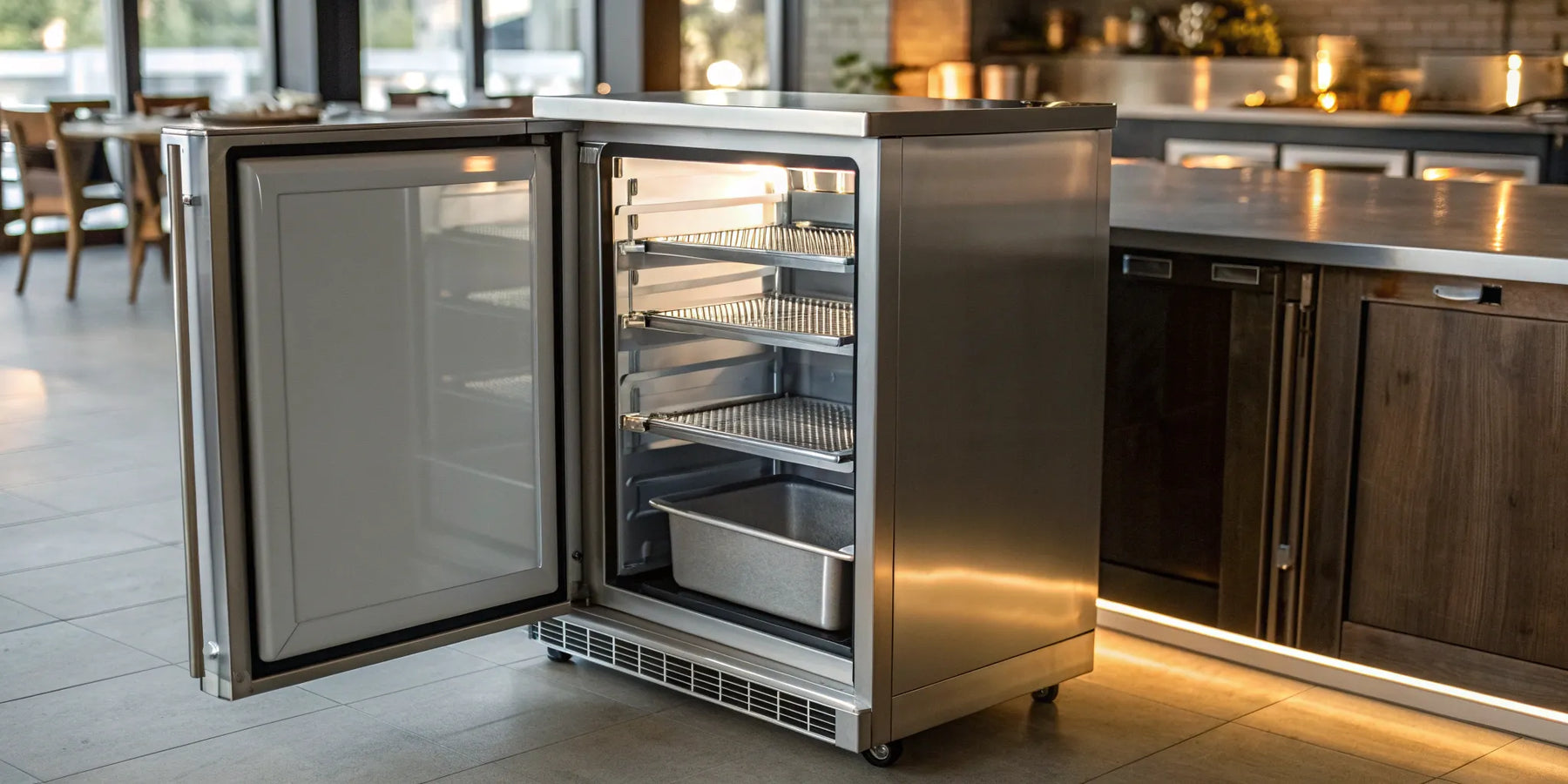 Stainless steel commercial undercounter freezer with an open door and adjustable wire shelves.