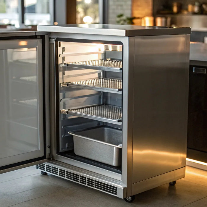Stainless steel commercial undercounter freezer with an open door and adjustable wire shelves.