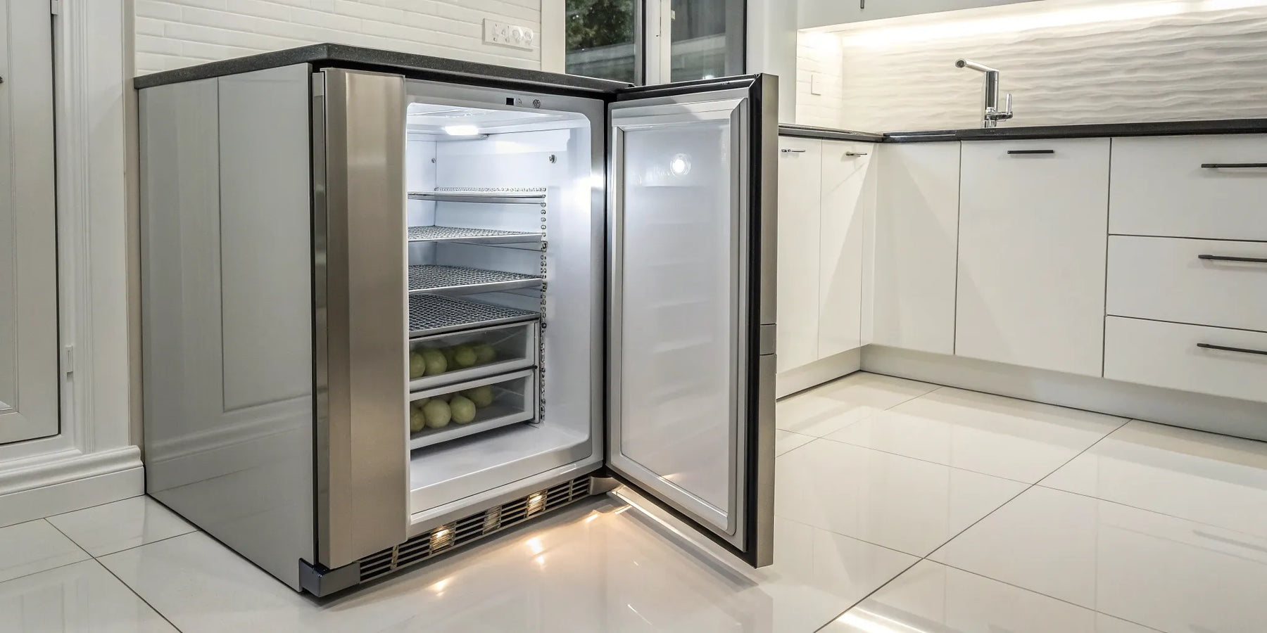 A commercial undercounter freezer with its stainless steel door open, showing the interior shelves.