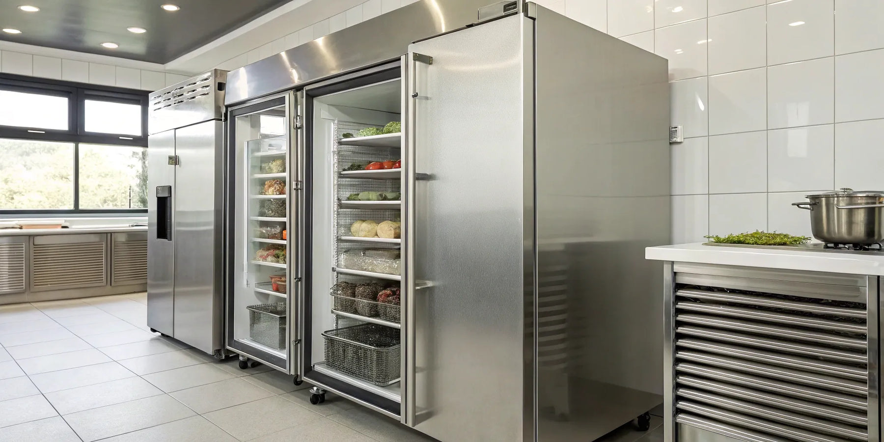 Upright commercial freezer with organized food storage.