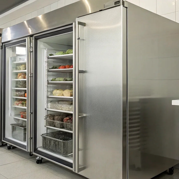 Upright commercial freezer with organized food storage.