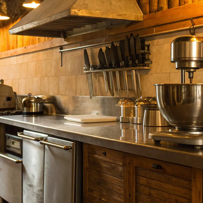 Used stainless steel restaurant equipment in a commercial kitchen.