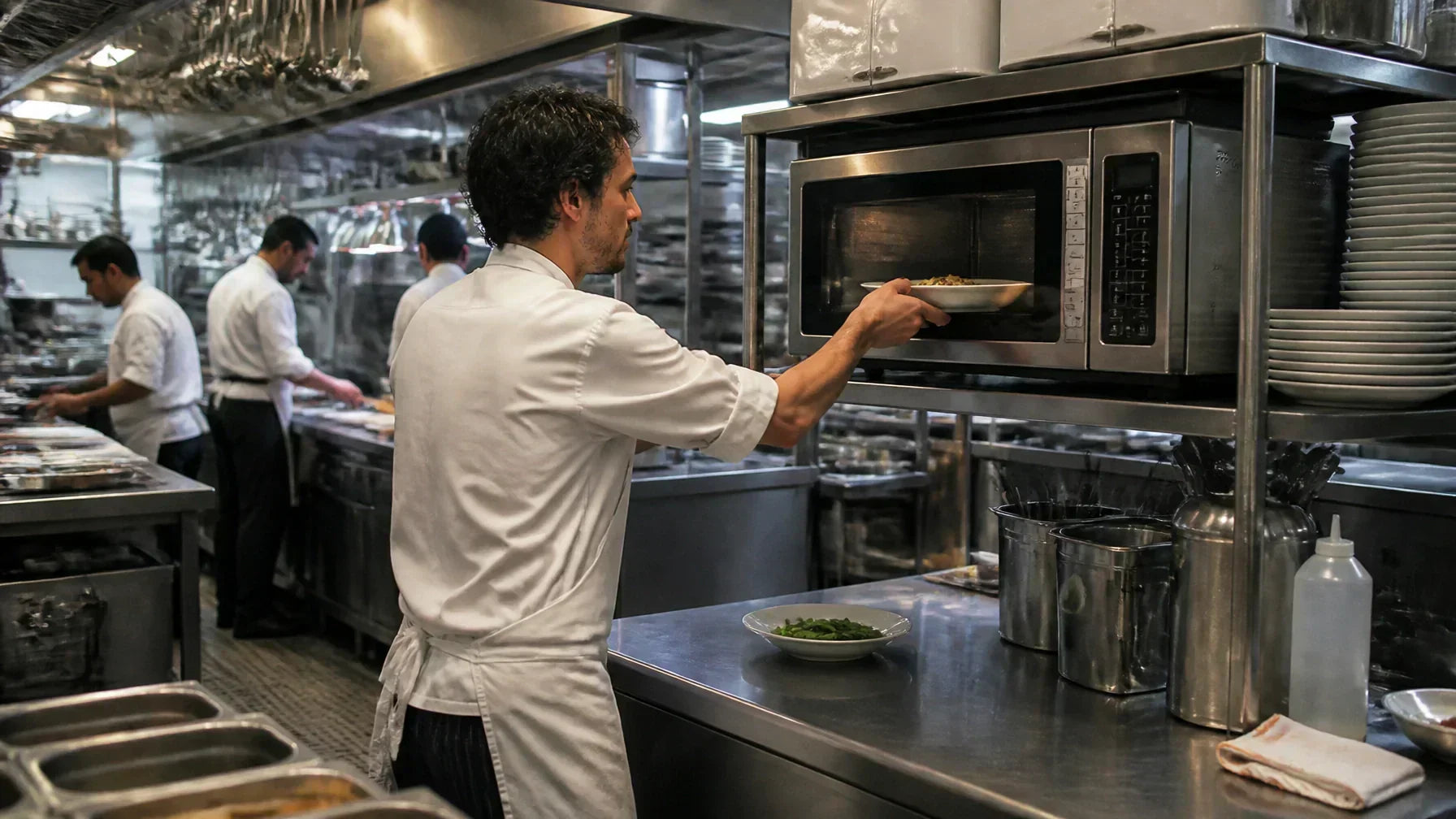 Commercial microwaves and TurboChef speed ovens on a stainless steel restaurant cookline showing Sharp, Winco, Amana, and TurboChef units side by side