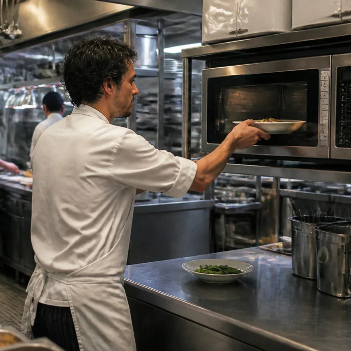 Commercial microwaves and TurboChef speed ovens on a stainless steel restaurant cookline showing Sharp, Winco, Amana, and TurboChef units side by side
