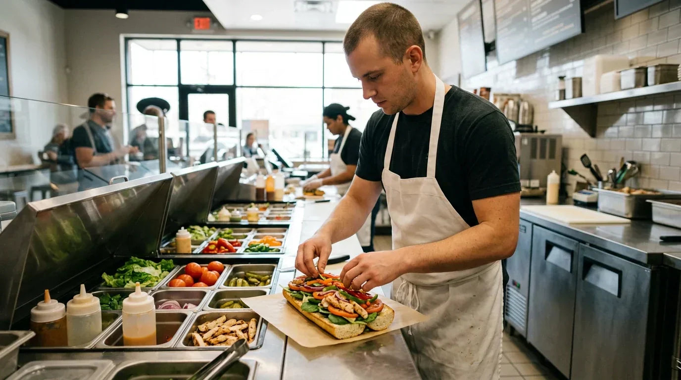 A focused chef in a professional sub shop kitchen assembling a fresh sandwich on a stainless steel prep table