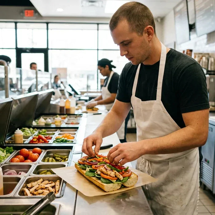A focused chef in a professional sub shop kitchen assembling a fresh sandwich on a stainless steel prep table