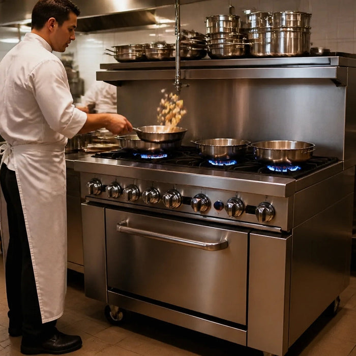 Atosa AGR-6B 36-inch 6-burner commercial gas stove with full-size oven, stainless steel construction, and four casters