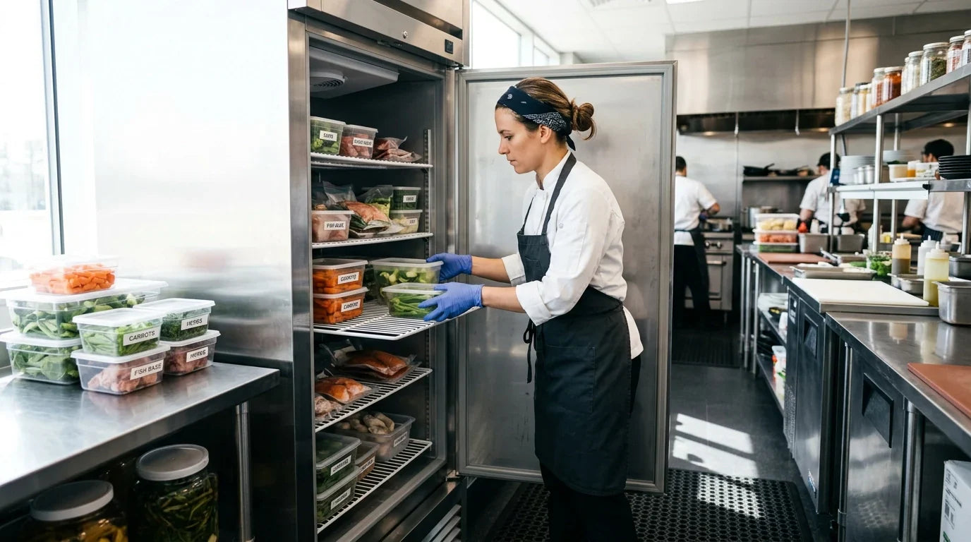 Chef organizing a commercial freezer