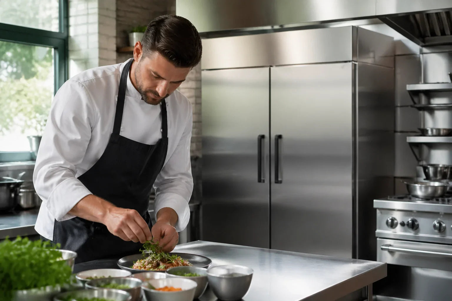 A professional chef works in a high-end commercial kitchen with a prominent stainless steel reach-in freezer in the background