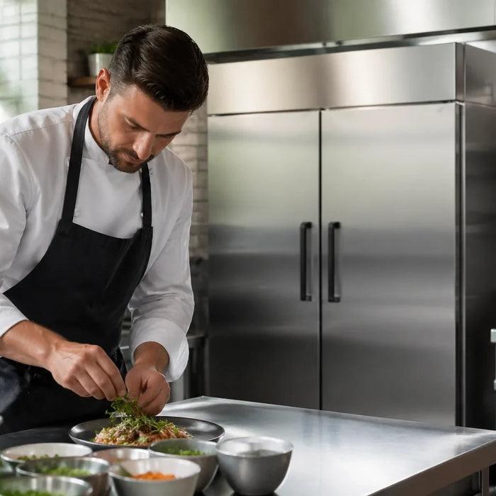 A professional chef works in a high-end commercial kitchen with a prominent stainless steel reach-in freezer in the background
