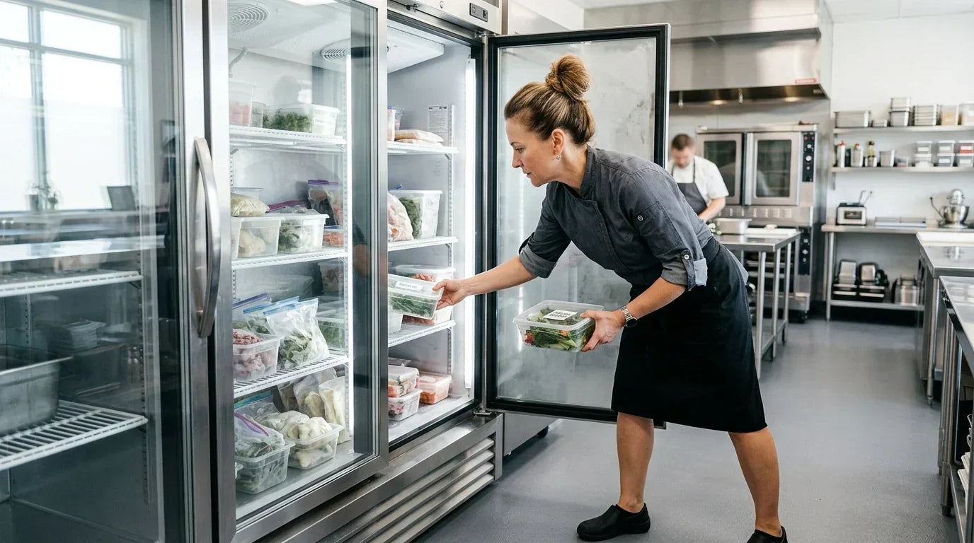 A professional chef accessing a commercial reach-in freezer in a modern kitchen
