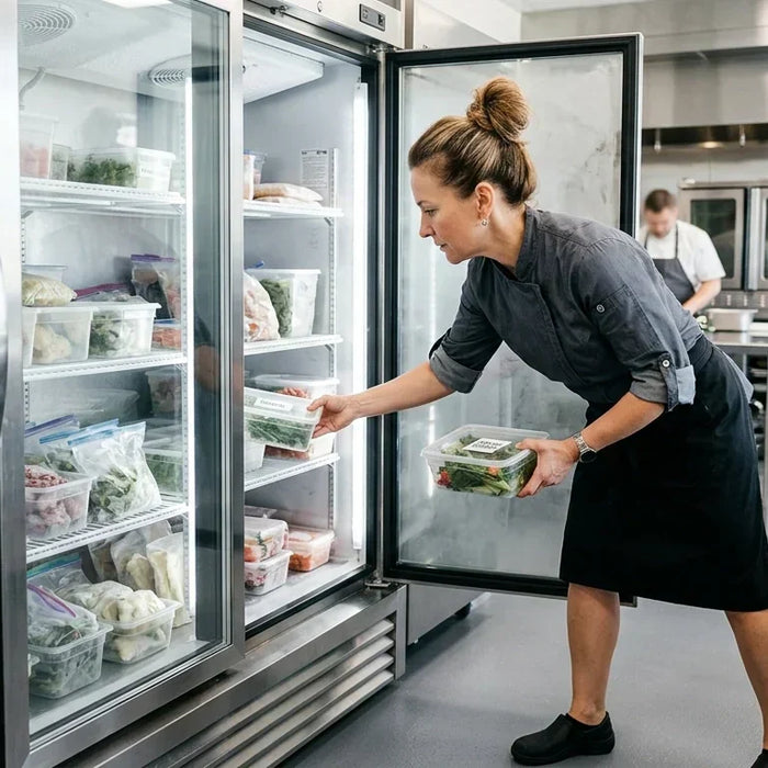 A professional chef accessing a commercial reach-in freezer in a modern kitchen