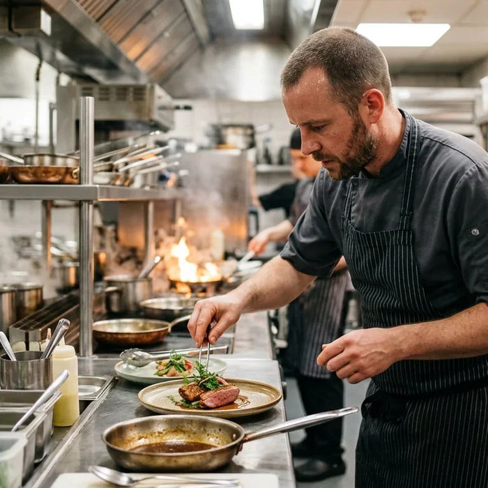 Professional chef working in a high-energy commercial kitchen