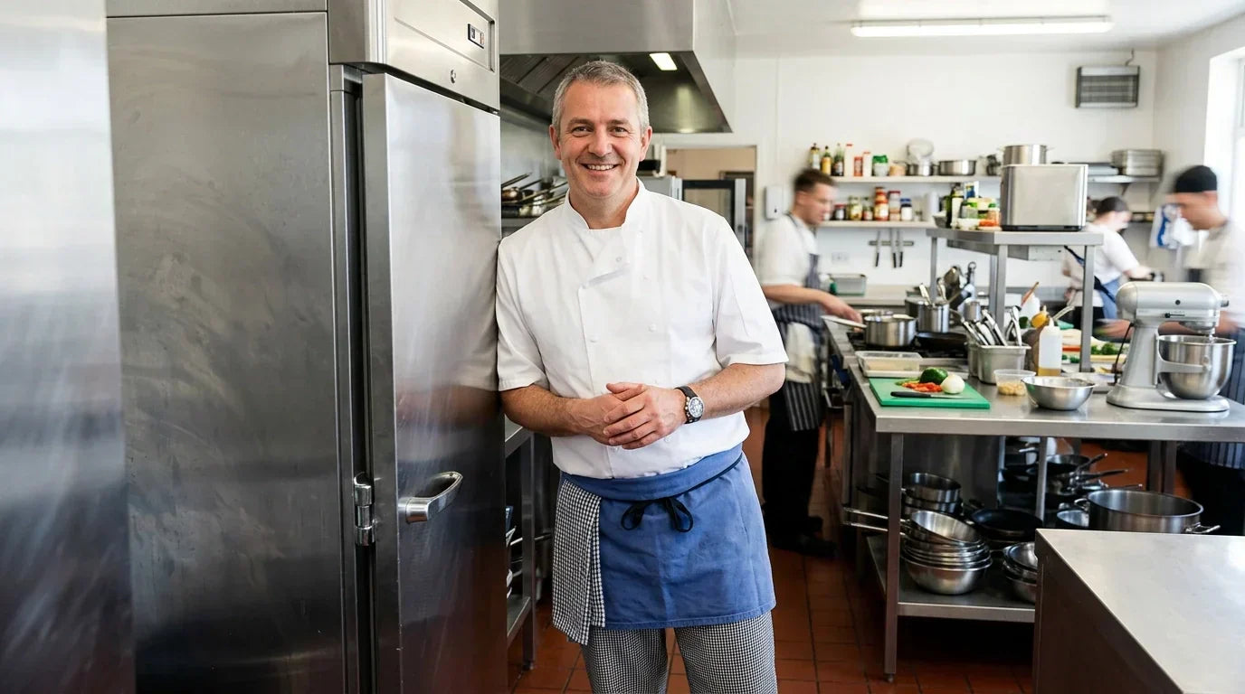 "A professional chef standing next to a stainless steel commercial freezer in a clean commercial kitchen.