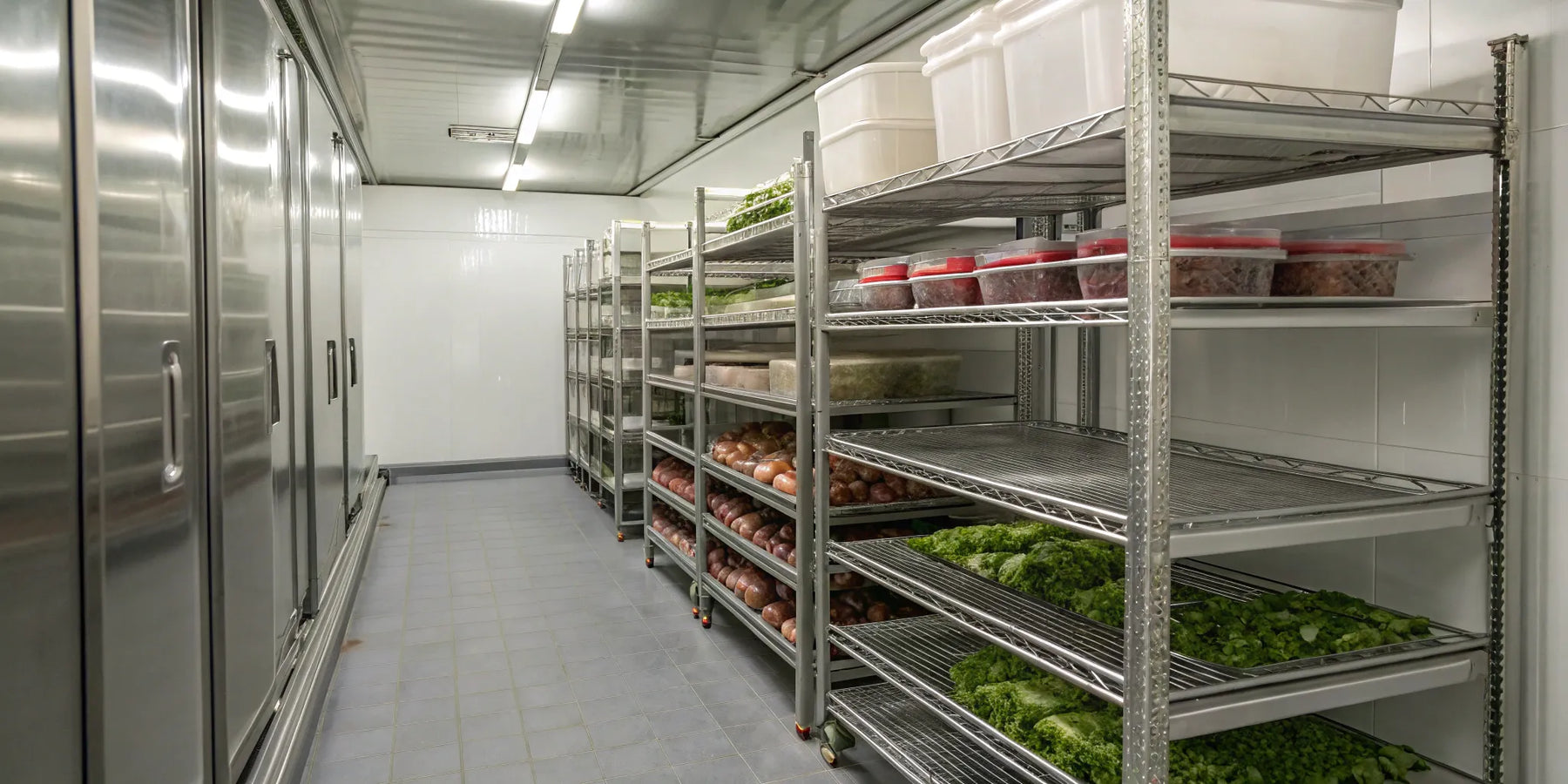 Walk-in cooler racks organized with fresh produce and food containers in a commercial kitchen.