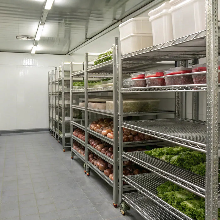 Walk-in cooler racks organized with fresh produce and food containers in a commercial kitchen.