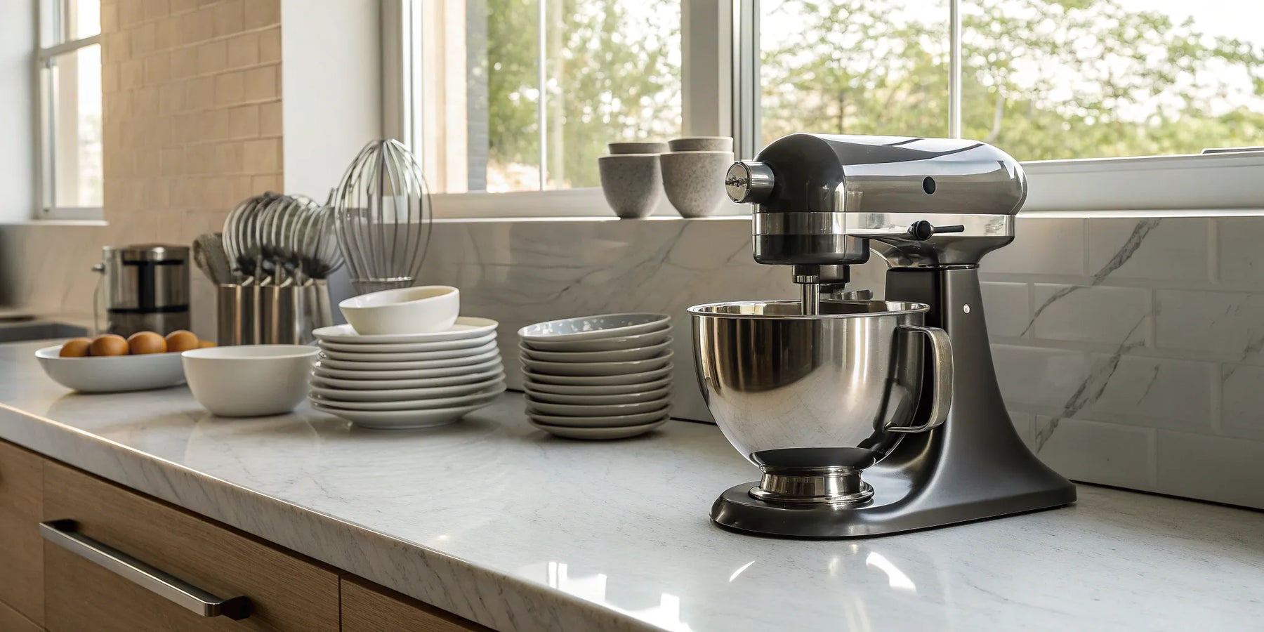 A commercial-grade Waring stand mixer on a kitchen counter.