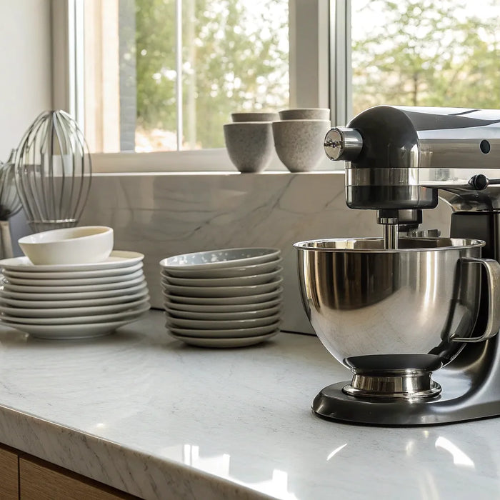 A commercial-grade Waring stand mixer on a kitchen counter.