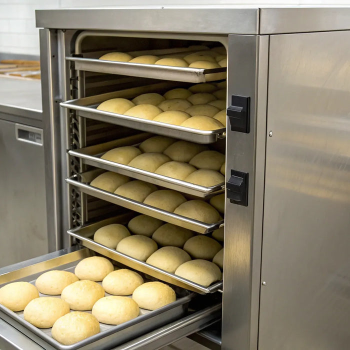 A commercial stainless steel proofing cabinet showing trays of dough rising.