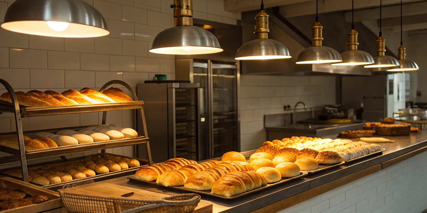 Warm, inviting bakery display of fresh bread and pastries.