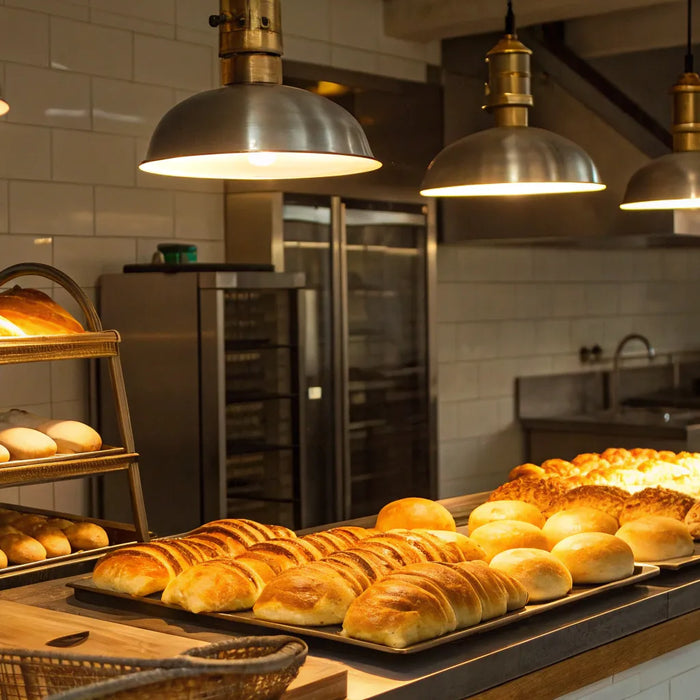Warm, inviting bakery display of fresh bread and pastries.