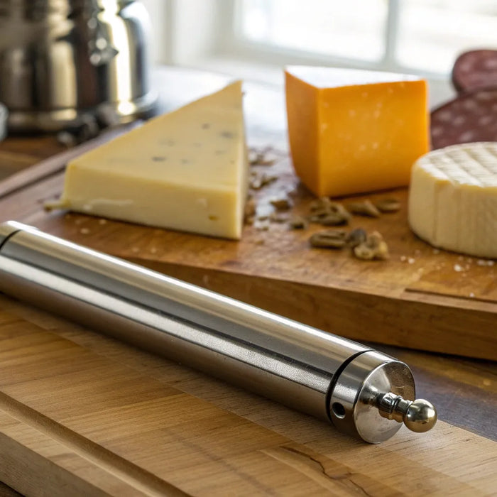 A stainless steel cheese gun on a charcuterie board with cheese and crackers.