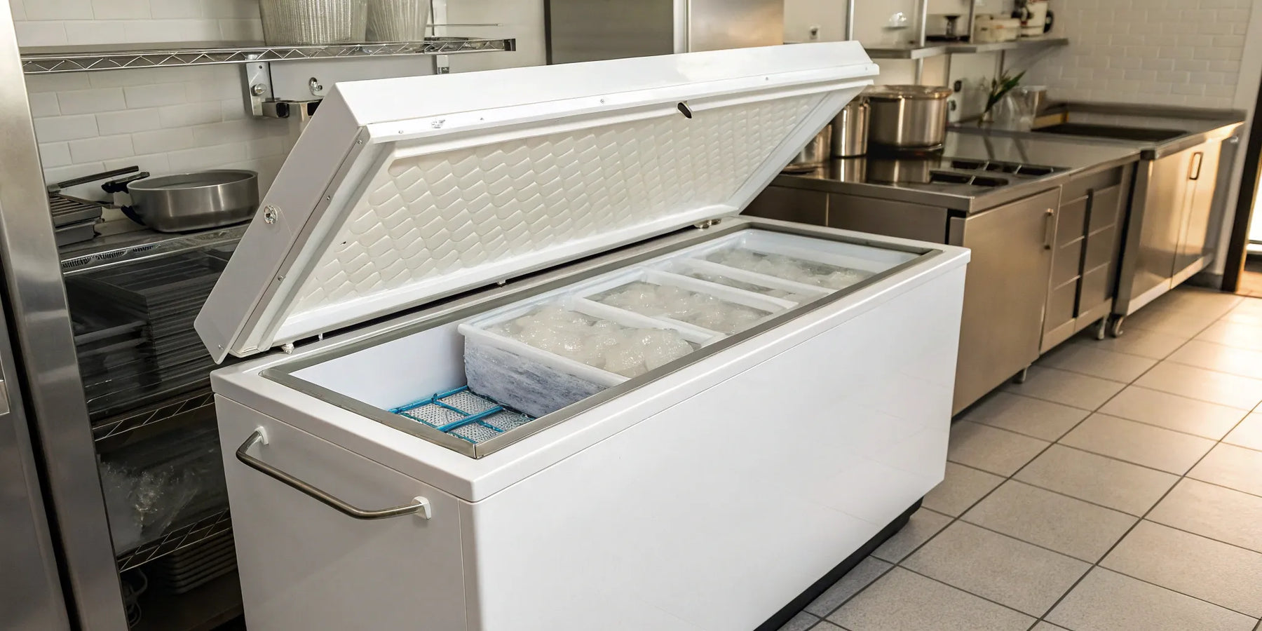 An open commercial coffin freezer displaying organized bins of food in a restaurant.