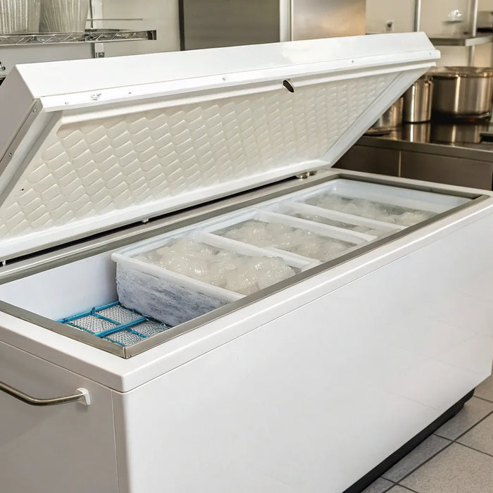An open commercial coffin freezer displaying organized bins of food in a restaurant.