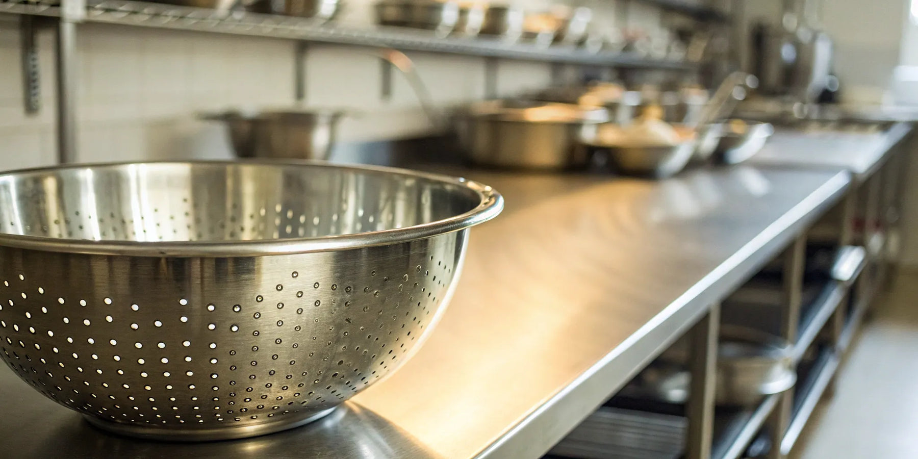 A professional stainless steel collandee on a commercial kitchen counter, ready for fast drainage.