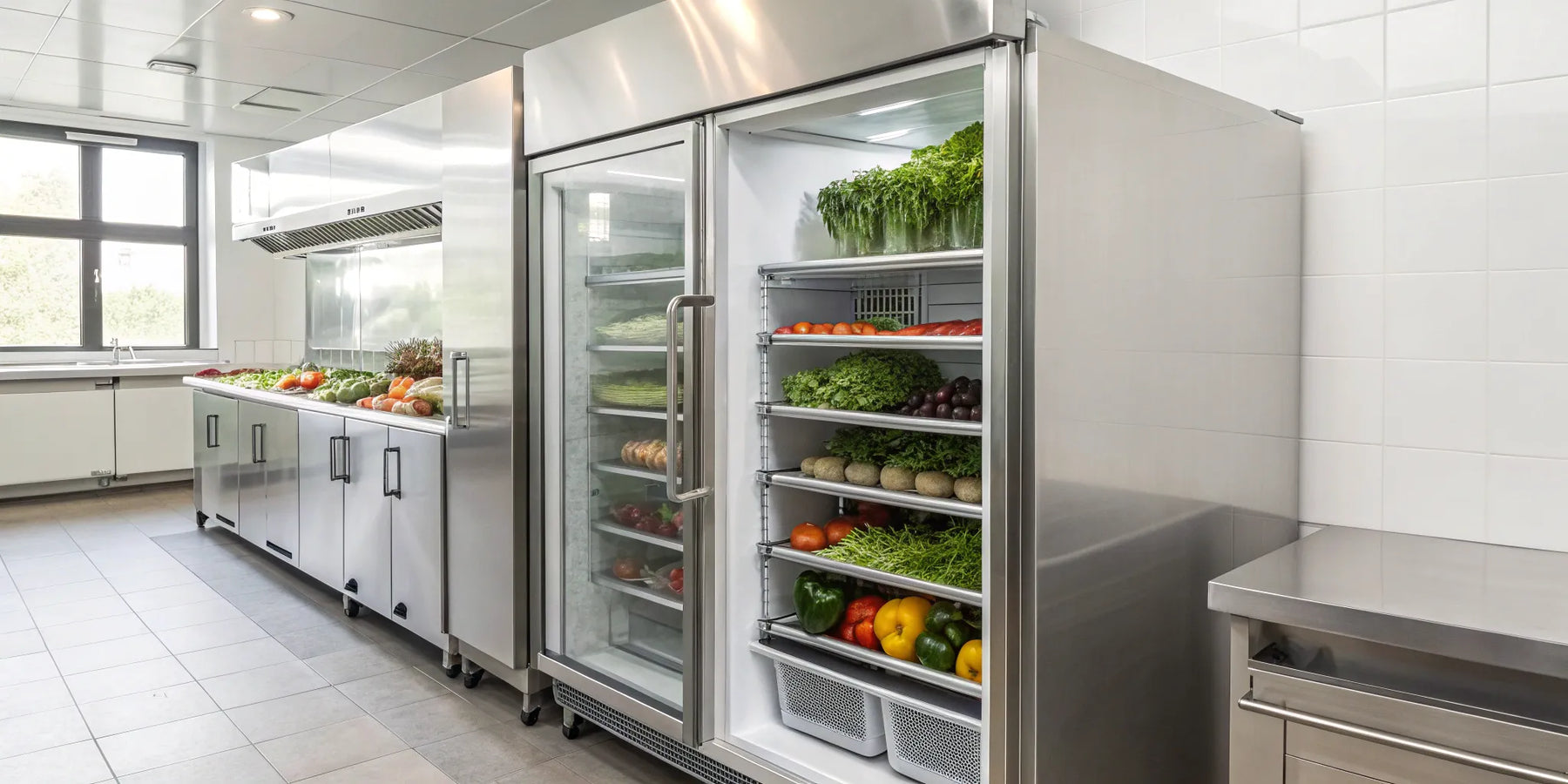 Commercial compressor freezer in a stainless steel kitchen, stocked with fresh produce.