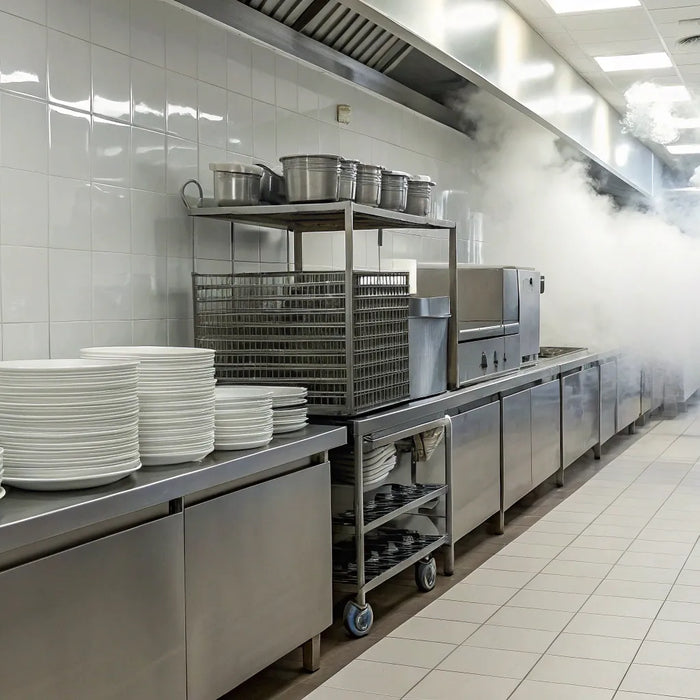 A professional kitchen dishwasher designed for use with a solid dishwasher bar.