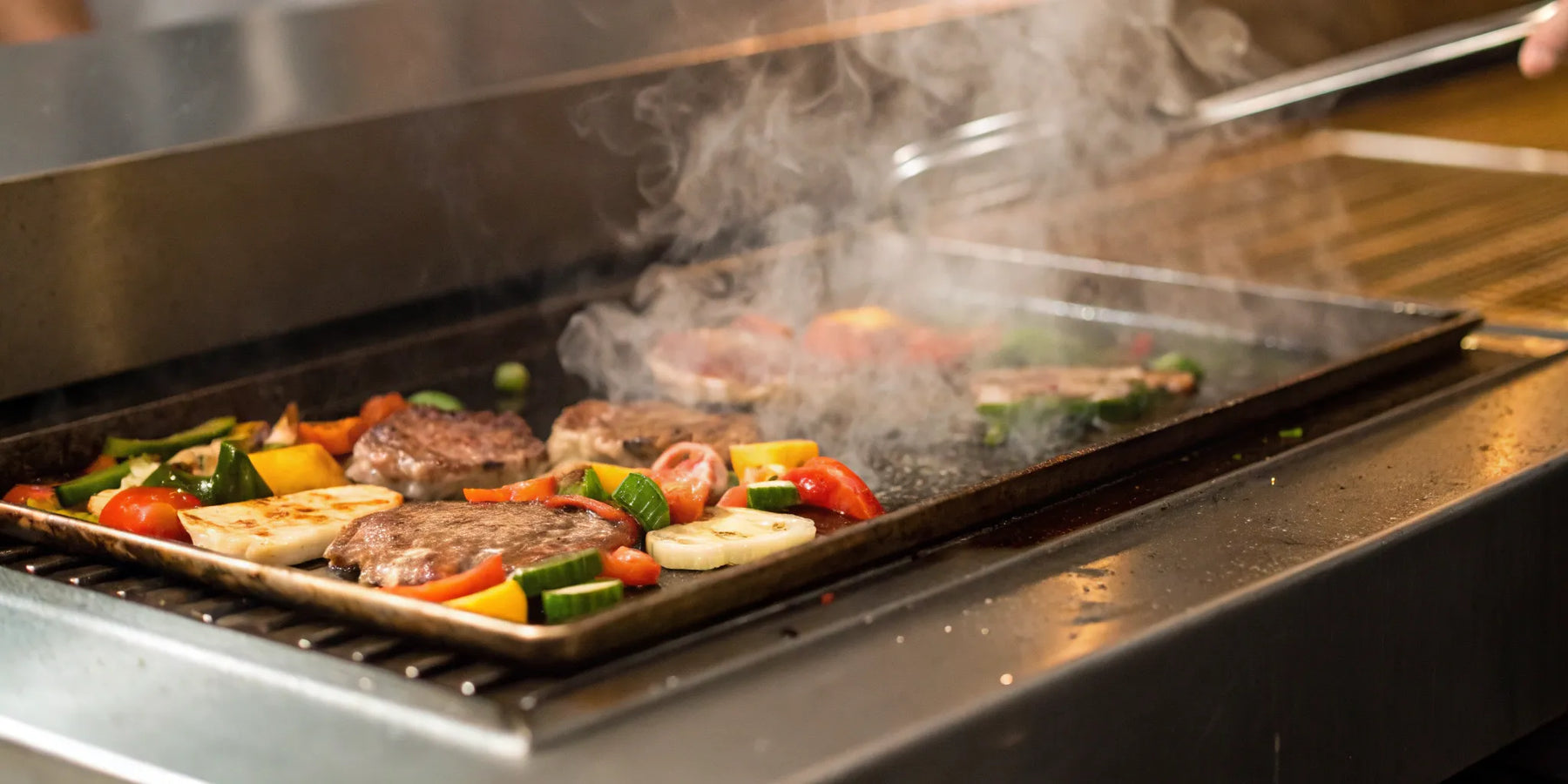 Sizzling meats and fresh vegetables on a restaurant griddle.
