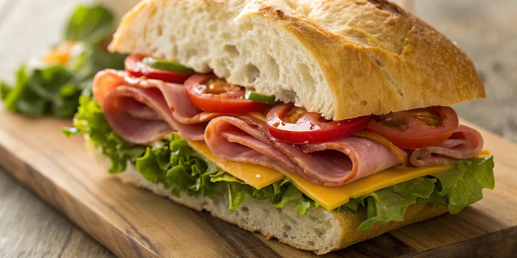 Classic ham and cheese grinder sandwich with lettuce and tomato on crusty bread.
