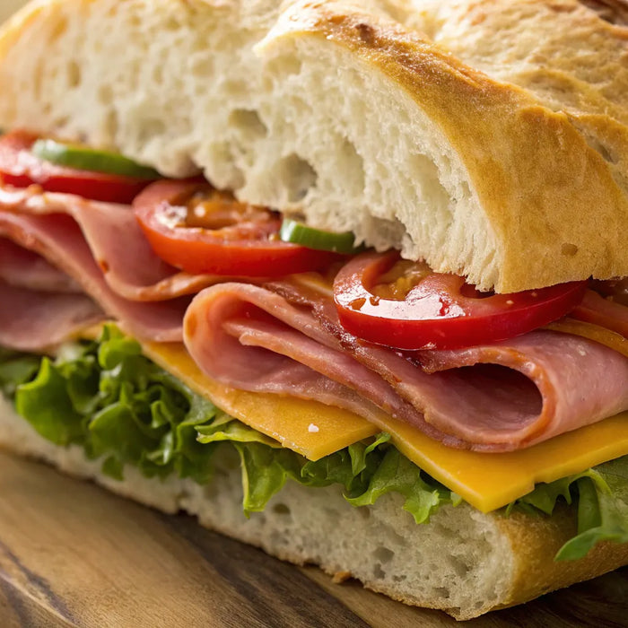 Classic ham and cheese grinder sandwich with lettuce and tomato on crusty bread.