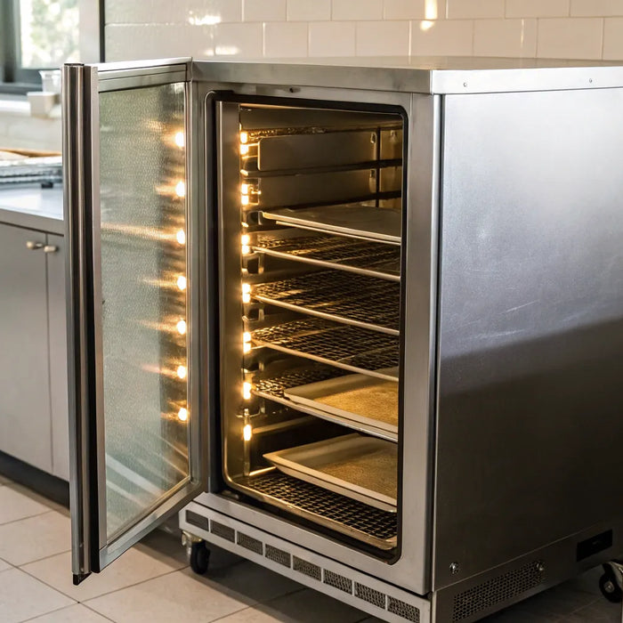 Commercial reach-in heat cabinet with an open door showing heated holding shelves.