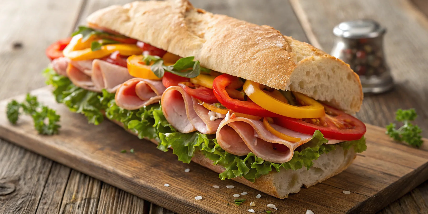 Hero sandwich overflowing with ham, lettuce, tomato, and peppers.