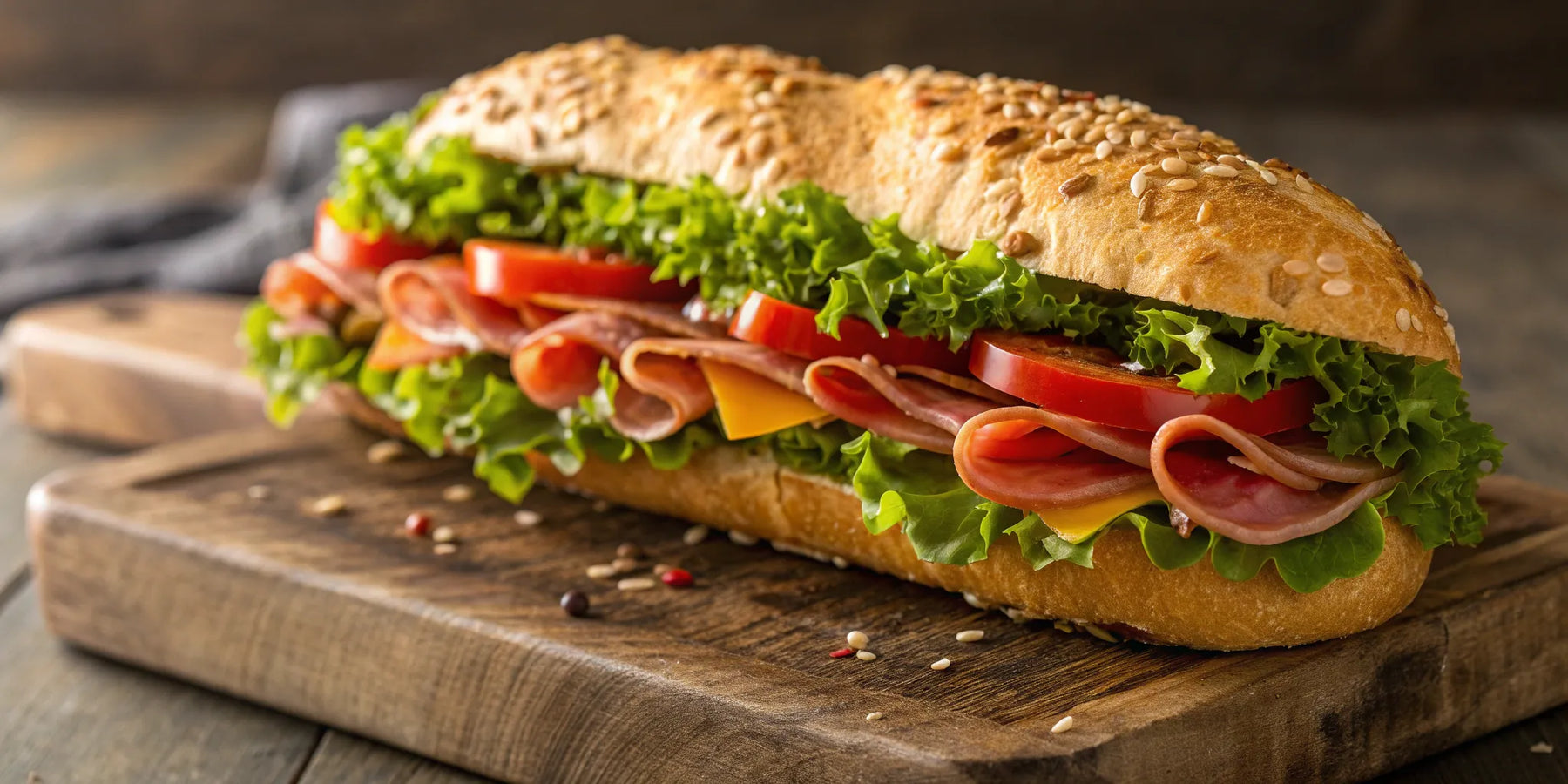 A classic Italian hero sub with ham, cheese, lettuce, and tomato on a sesame seed roll.