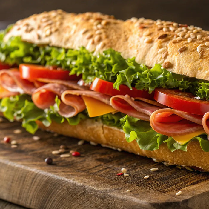 A classic Italian hero sub with ham, cheese, lettuce, and tomato on a sesame seed roll.
