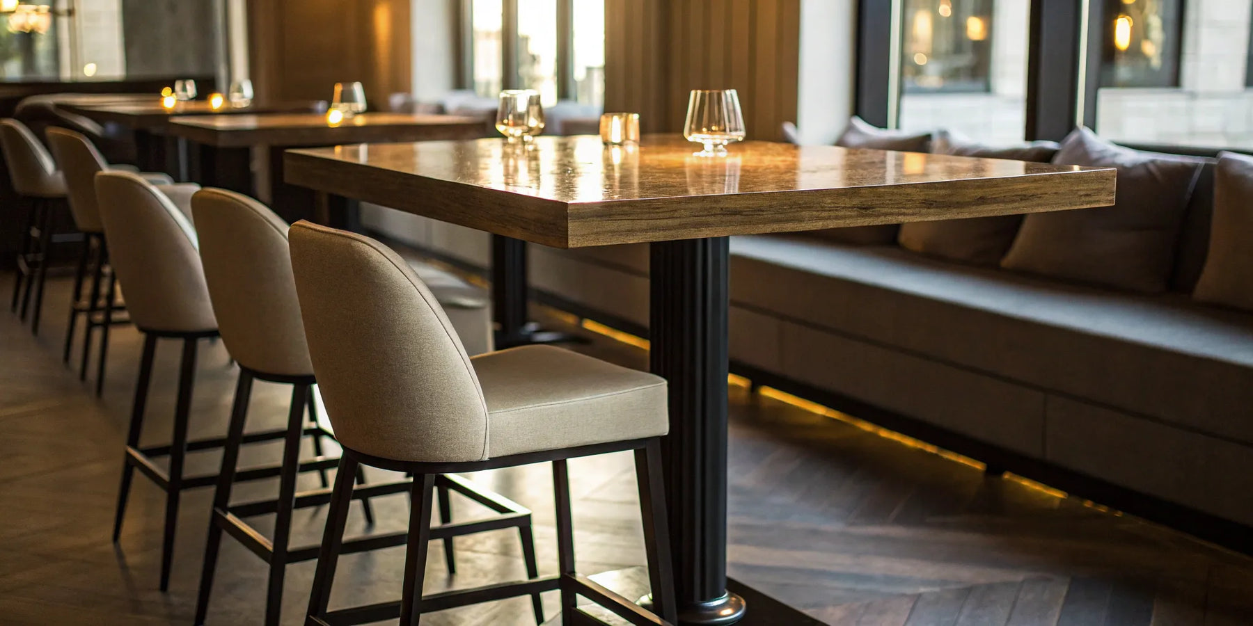 High top table with bar stools in a modern restaurant.