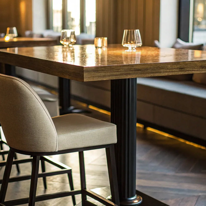 High top table with bar stools in a modern restaurant.