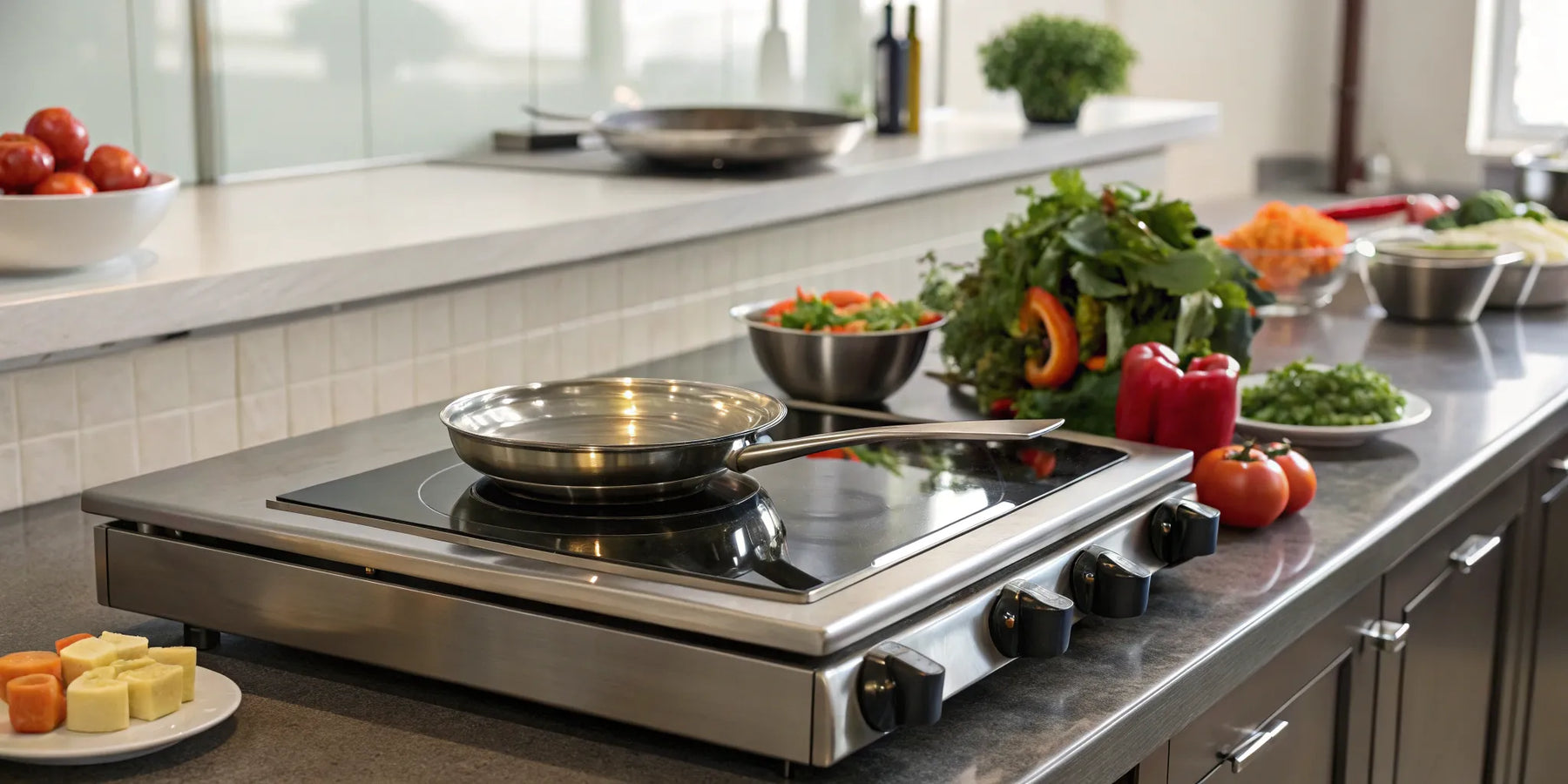 Hot plate with pan and vegetables.