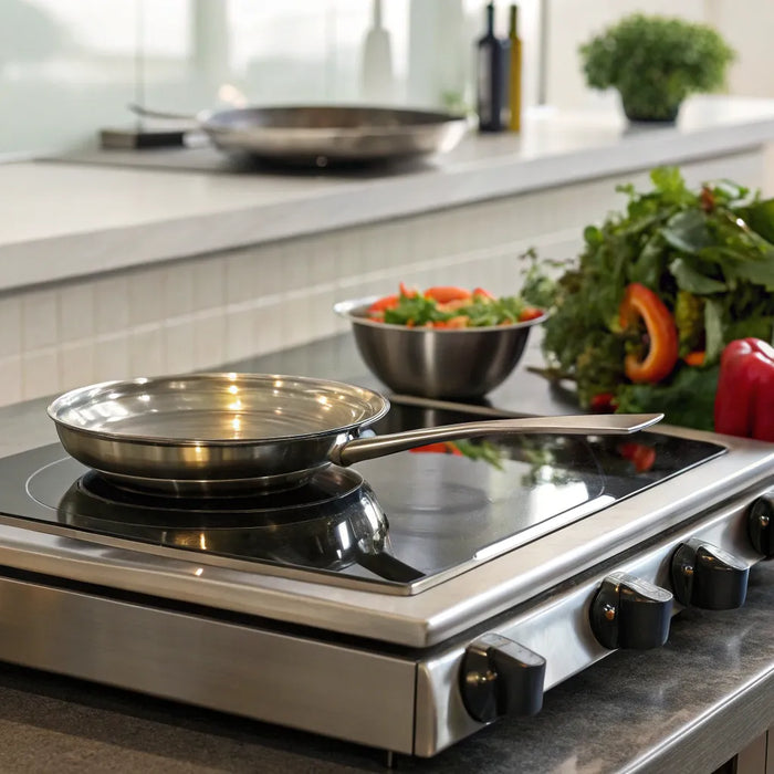 Hot plate with pan and vegetables.