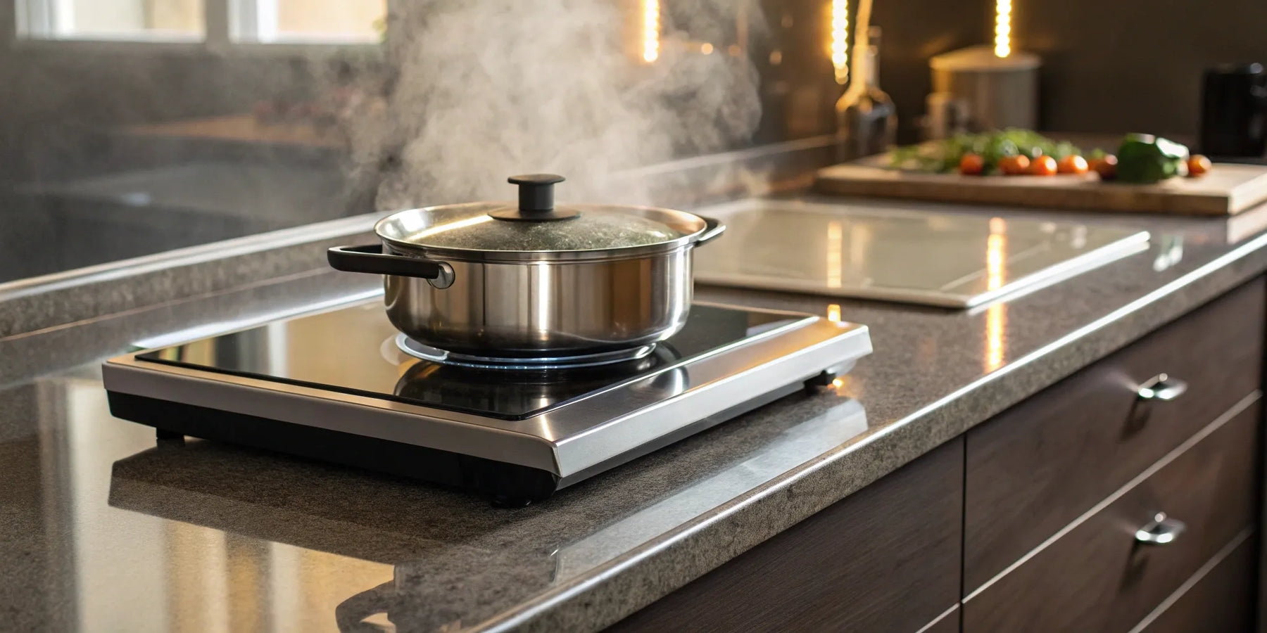 An electric hot plate heating a steaming stainless steel pot in a kitchen.