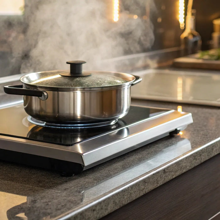 An electric hot plate heating a steaming stainless steel pot in a kitchen.