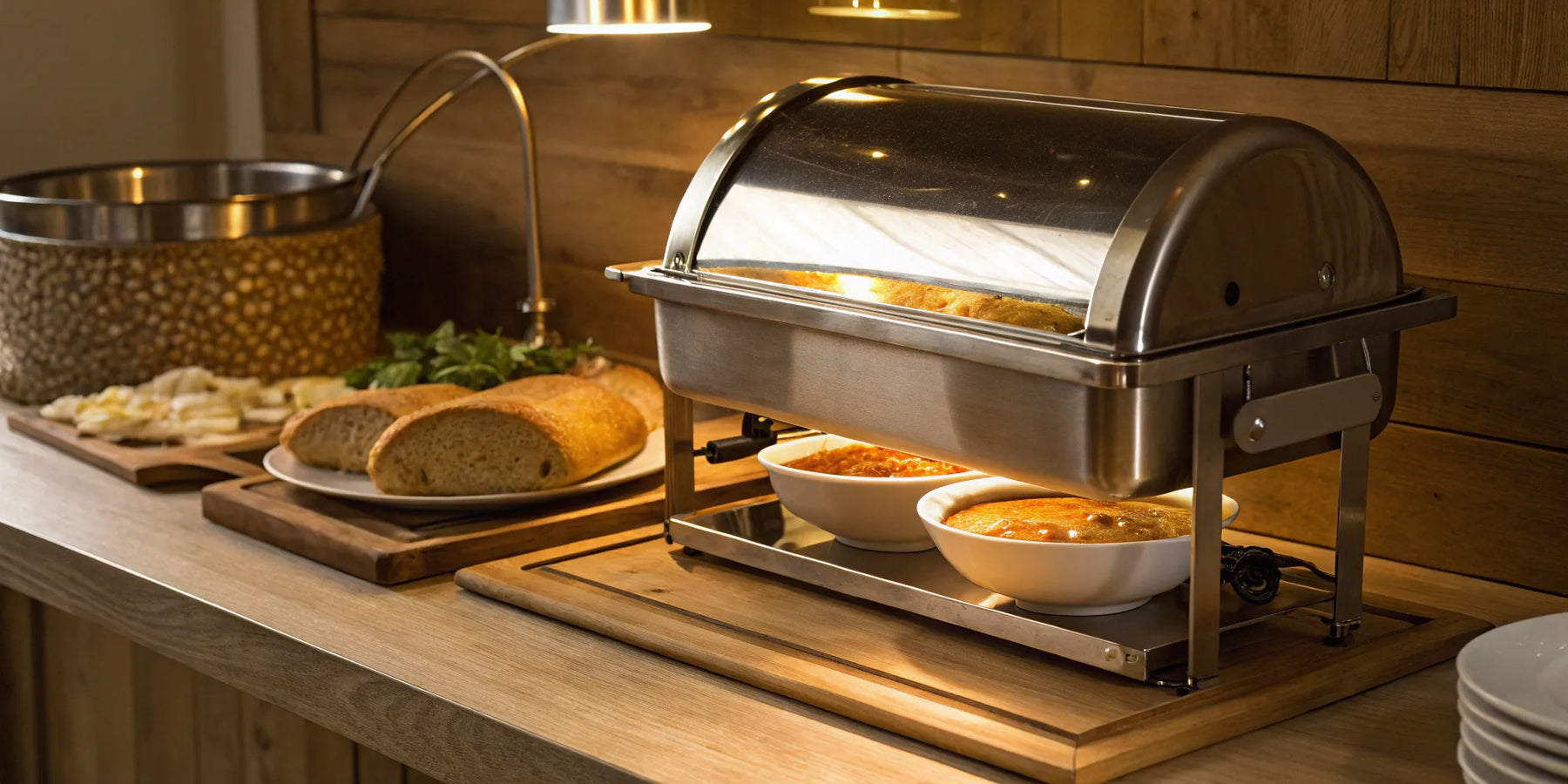 A commercial kitchen warmer holding hot soup and bread on a restaurant buffet.