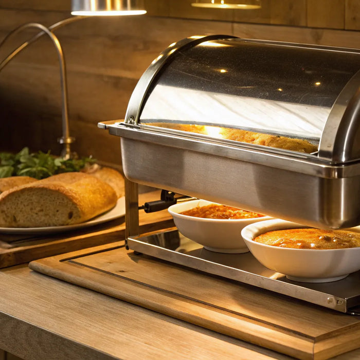 A commercial kitchen warmer holding hot soup and bread on a restaurant buffet.