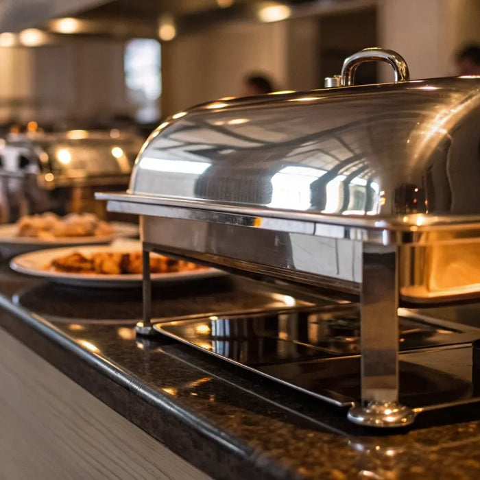 Salamander broiler above food trays in commercial kitchen.