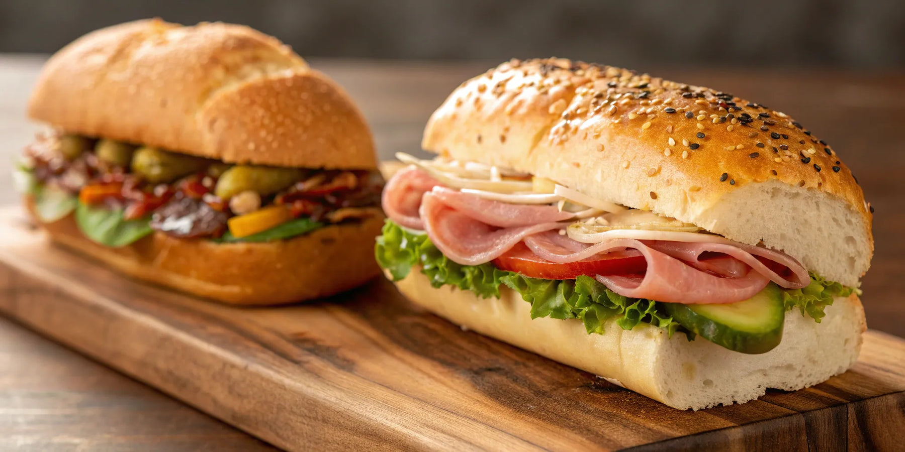 Hoagie and sub sandwiches on a wooden cutting board.
