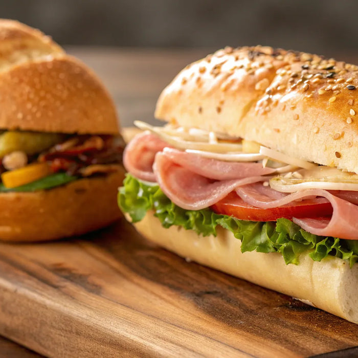 Hoagie and sub sandwiches on a wooden cutting board.