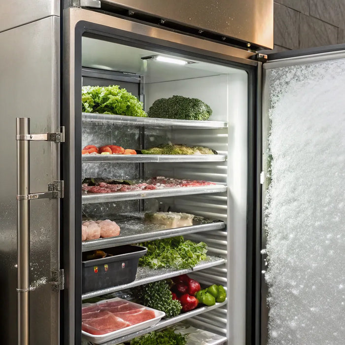 Restaurant freezer maintaining food-safe temperature.